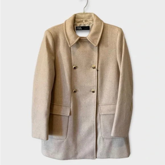 ZARA Wool Double Breasted Peacoat Tan Large - Picture 2 of 10